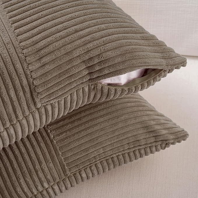 Fancy Homi Set of 2, Light Brown Patchwork Corduroy Decorative Soft Striped Modern Accent Cushion Case Farmhouse Boho Neutral Throw Pillow Covers for Chair Couch Bed Sofa Living Room 24x12 Inch