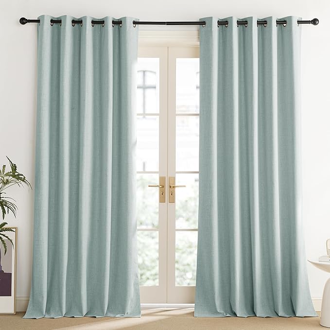 NICETOWN 100% Absolutely Blackout Linen Curtains with Thermal Insulated Liner, Seafoam Green, 62" Wide, 102" Length Energy Saving Curtains for Living Room 2 Panels Set, Vertical Blinds