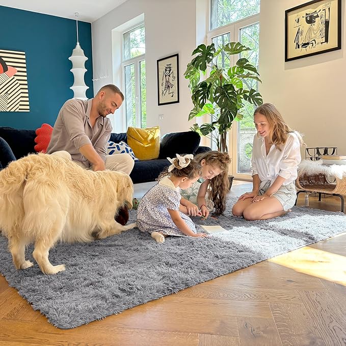 OLANLY 3x5 Machine Washable Small Bedside Rug, Soft Fluffy Shaggy Rugs for Living Room, Bedroom, Indoor Floor Carpet for Kids Girls and Boys, Preppy Dorms, Nursery, Home Decor Aesthetic, Light Grey