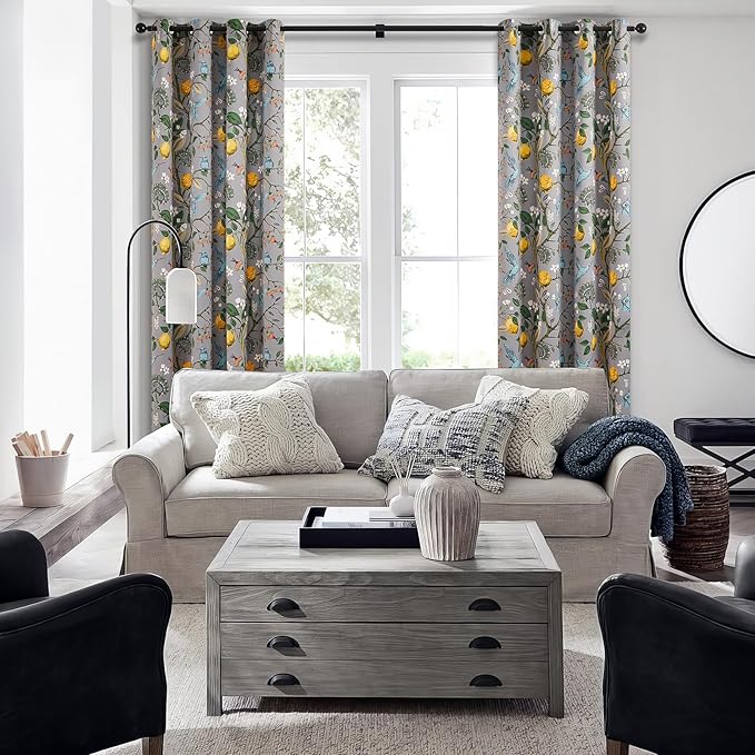 Topfinel 54 Inches Long Short Grey Blackout Curtains for Cafe Kitchen, Grommet Room Darkening Luxury Floral Lemon Hummingbird Patterned Waverly Colorful Drapes for Living Room Bedroom