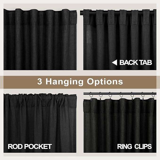 Pitalk Black Linen Sheer Curtains 72 Inch Length for Bedroom Man Cave 2 Panel Back Tab Pocket Light Filtering Semi Privacy Modern Industrial Farmhouse Curtains for Living Room Gothic Decor 52x72 Long