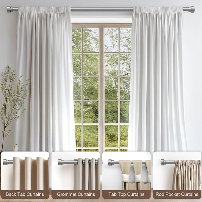 Lootkell Modern Silver Curtain Rods for Windows 48 to 84 Inches Adjustable Length Heavy Duty 1" Diameter Window Curtain Rod with Decorative Finials for Outdoor Bedroom Kitchen Living Room
