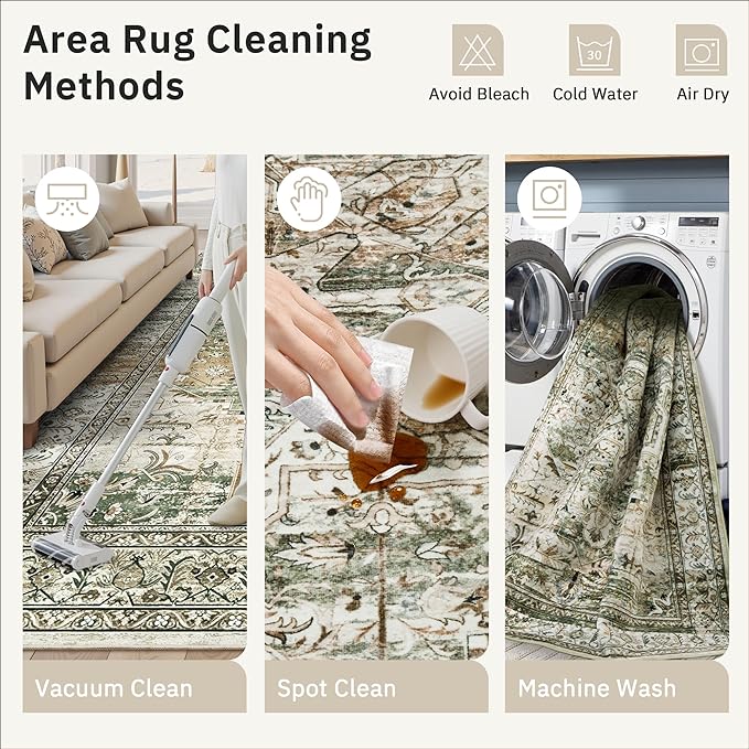 9x12 Area Rugs for Living Room, Non Slip Machine Washable Vintage Rugs, Low Pile Lightweight Large Rug for Bedroom, Dining Room, Home Office Olive