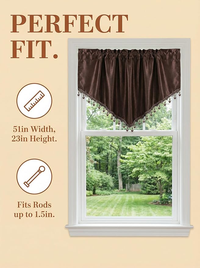 Molaxhome Swag Curtain 51 inch Length Rod Pocket Scalloped Curtain Valance Sheer Lace Panels with Hanging Crystal Beads for Kitchen Bedroom Window Treatments Drape Decor 1pc (Cloth Coffee, 51Wx23L)