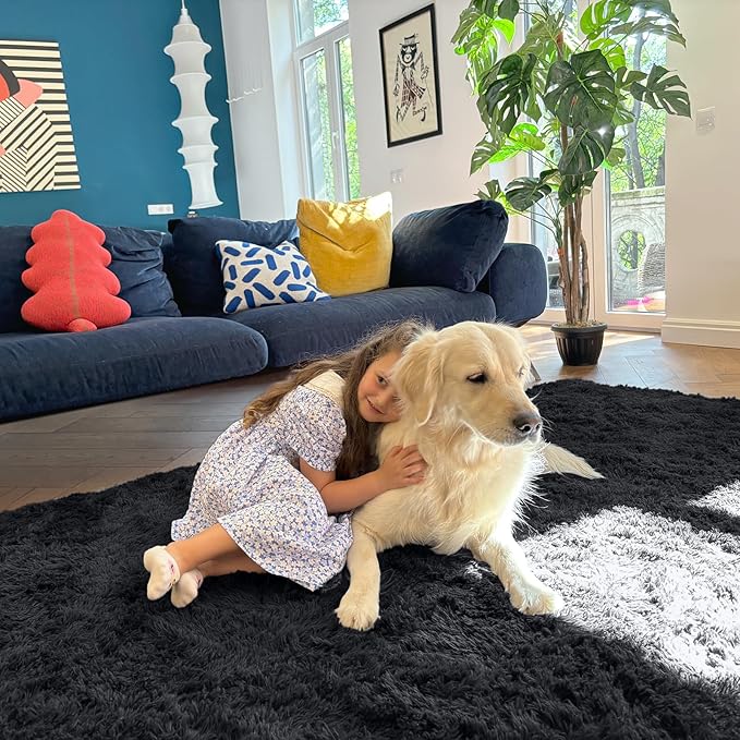 OLANLY 7x9 Machine Washable Large Area Rugs for Living Room, Bedroom, Soft Fluffy Shaggy Bedside Rug, Indoor Floor Carpet for Kids Girls and Boys, Dorms, Nursery, Home Decor Aesthetic, Black