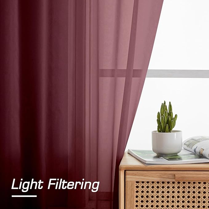 Aiyufeng Sheer Window Curtain Panels 90 Inch Long 2 Pieces, Voile Top Dual Rod Pocket Breathable Fashion Drapes Window Treatment for Wedding Ceremony/Bedroom/Living Room, 42W x 90L inches, Burgundy