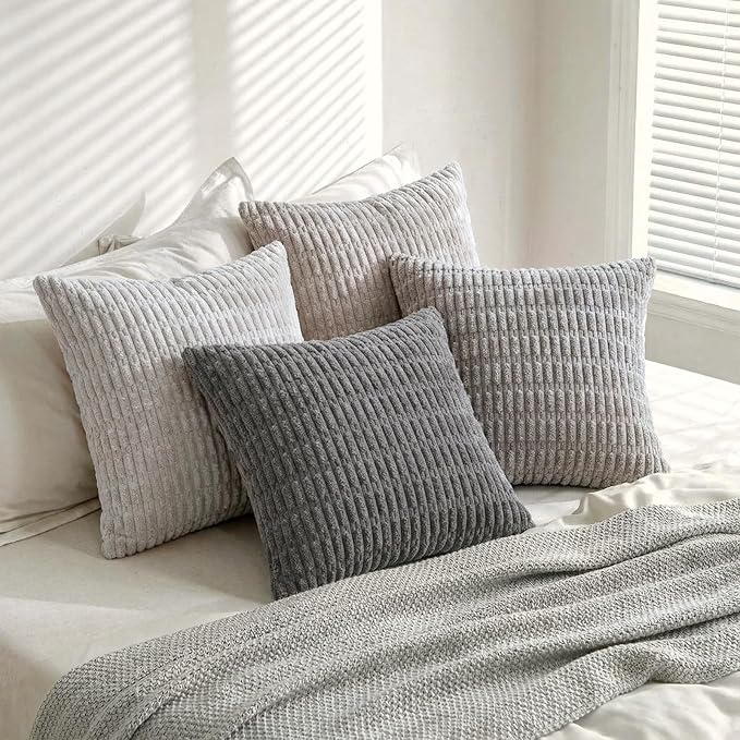 Fancy Homi Set of 4 Grey and White Decorative Throw Pillow Covers 18x18 Inch for Couch Bed Chair, Modern Farmhouse Boho Room Decor, Soft Fuzzy Double Sided Corduroy Textured Striped Cushion Case 45cm
