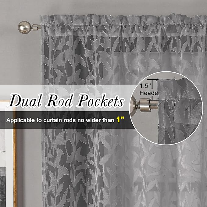 Lecloud Leia Charcoal Grey Sheer Curtains 108 Inches Long 2 Panels, Airy Jacquard Textured Voile Curtains, Gauzy Aesthetic Drapes with Dual Rod Pockets for Living Room Bedroom, Each 52" W x 108" L