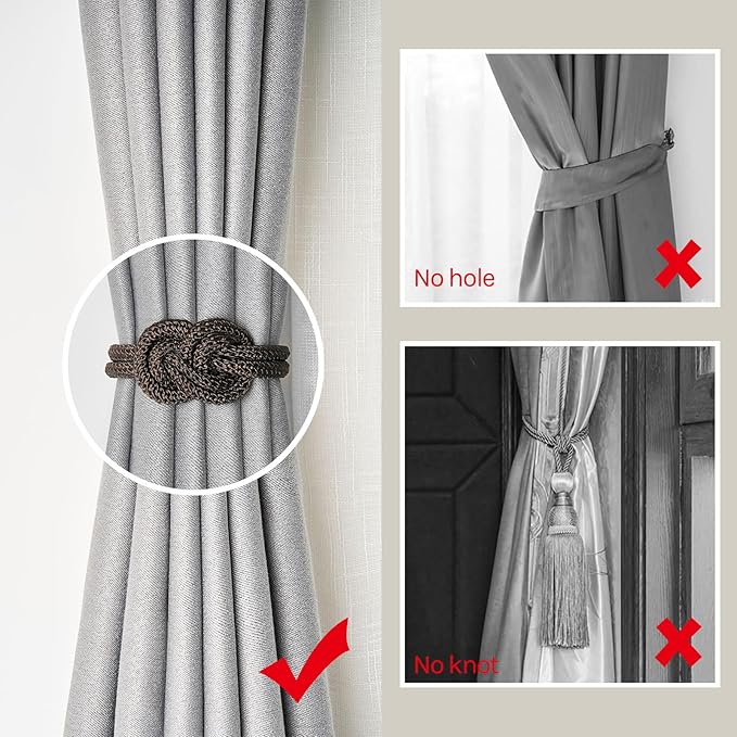 NICEEC 2 Pack Mini Magnetic Curtain Tiebacks Nordic Simple Style Drape Tie Backs Elegant Hand Weave Rope Knot Decorative Curtain Holdbacks for Home & Office Thin Window Drapery (Coffee)