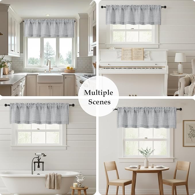 OWENIE Grey Valances for Windows 1 Pcs, Light Filtering Textured Farmhouse Short Small Valance Curtains for Bathroom Basement Living Room Bedroom, Rod Pocket Half Curtains Over Sink, 60Wx14L Inch