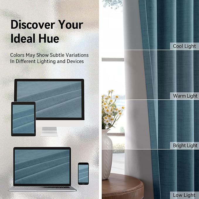 100% Blackout Shield Linen Blackout Curtains for Bedroom, Stone Blue Grommet Curtains for Living Room, Thermal Insulated Room Darkening Drapes for Nursery, Boho Home Decor, 50" W x 90" L, 2 Panels