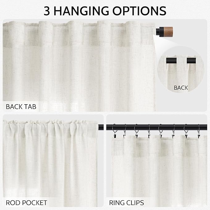 Nanspring Neutral Linen Curtains 96 Inches Long for Living Room Bedroom Modern Farmhouse Decor Light Filtering Curtain Back Tab and Rod Pocket Coastal Decor Drapes for Office 52x96, 2 Panels