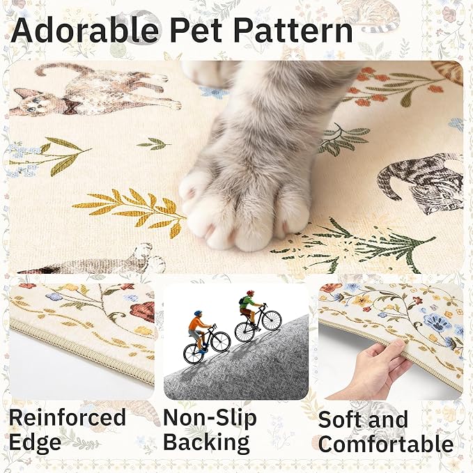 Cat 8x10 Area Rugs for Living Room, Machine Washable Animal Floral Vintage Rug Non-Slip Low Pile Soft Throw Large Rugs for Bedroom Dining Room Kitchen Nursery Playroom (8 x 10,Beige)