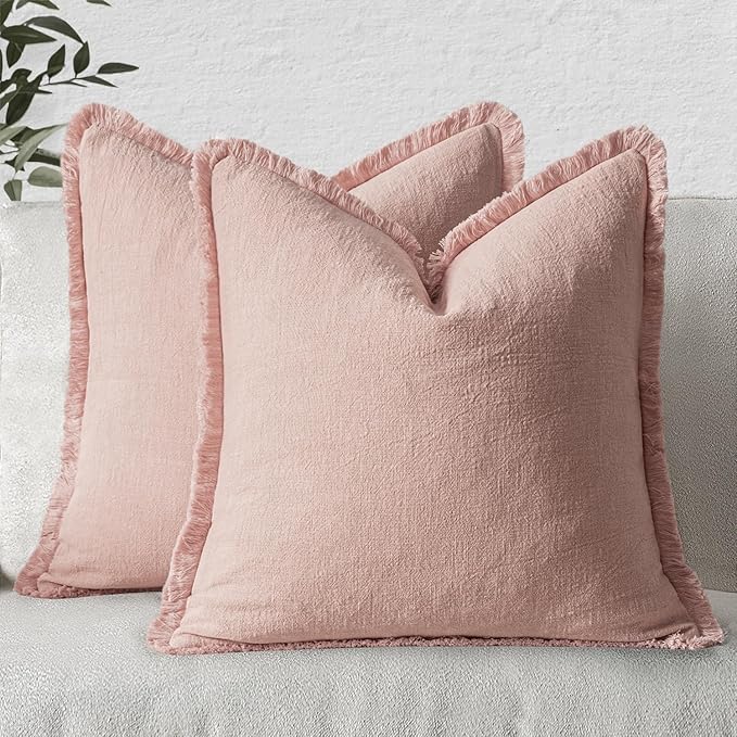 MIULEE Valentines Decorative Throw Pillow Covers Neutral Linen Fringe Throw Pillows Set of 2 Pink Boho Farmhouse Cushion Covers with Tassels for Couch Sofa Bed Living Room Spring Decor 20x20 Inch