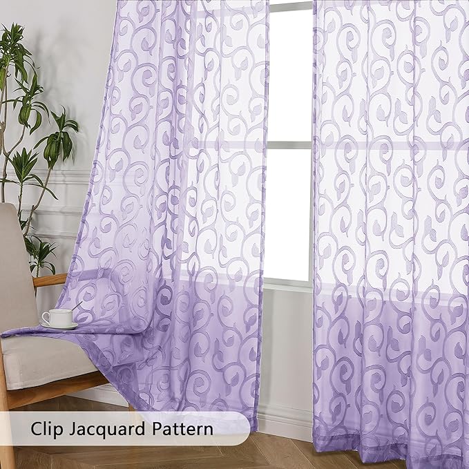 OWENIE Furman Sheer Curtains 84 inches Long for Bedroom Living Room 2 Panels Set, Light Purple Curtains Jacquard Clip Light Filtering Semi Sheer Curtain Rod Pocket Window Drapes, 2 Pcs Each 40 W 84
