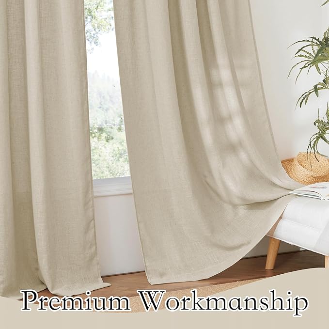 RYB HOME Linen Sheer Curtains for Bedroom Privacy Textured Sheer Window Curtains for Living Room Bathroom Dining, Beige, Wide 52 x Long 90, 2 Panels