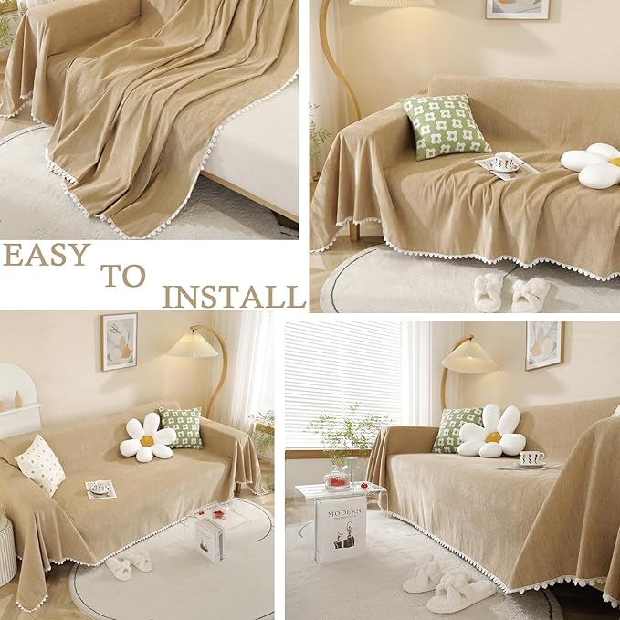 HANDONTIME Khaki Couch Covers for Sectional Sofa L Shape Cute Loveseat Covers Dog Cover Covers, Sofa Covers for 3 Cushion Couch Chenille Sofa Slipcover Soft Sofa Cover for Sectional Sofa, 71" X118"
