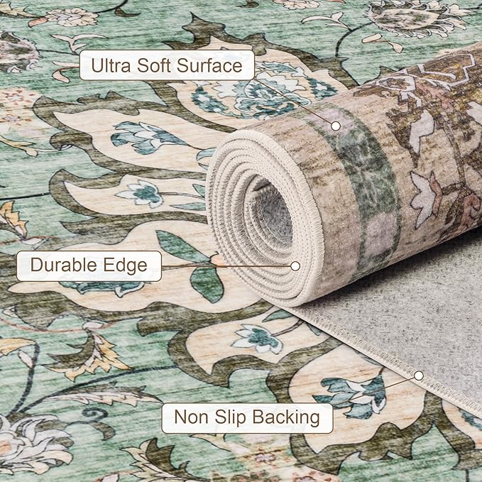 4x6 Area Rugs for Living Room: Washable Rug Soft Vintage Distressed Floral Carpet Indoor Floor Non-Slip Stain Resistant Large Carpets for Bedroom Dining Room Farmhouse Nursery Home Office Brown Green