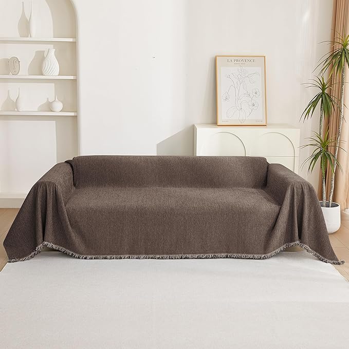 MYSKY HOME Loveseat Cover Deep Chocolate Couch Cover Sectional Couch Covers for 2 Cushion Couch Sofa Thick Universal Chenille Sofa Cover with Tassel Durable Furniture Protector for Dogs 91" x 118"