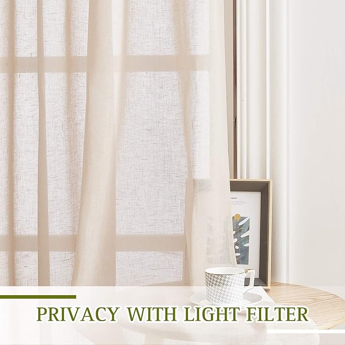 NICETOWN Sliding Door Curtains Linen Sheer Textured, Grommet Semi Sheer Keep Privacy Semi Window Drapes with Light Filtering for Living Room/Bedroom, W70 x L96, 2 Pieces, Beige