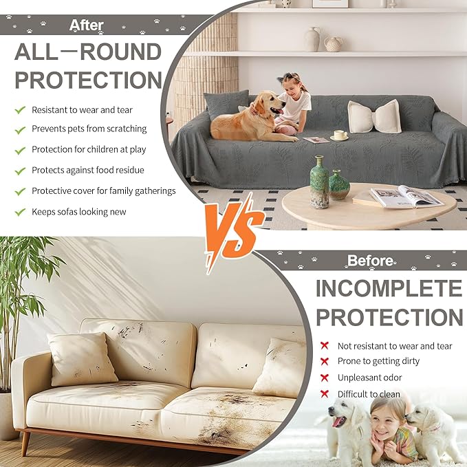 HANDONTIME Washable Couch Covers for Sofa Boho Couch Covers for 3 Cushion Sofa Pet Friendly Grey Chenille Jacquard Couch Protector for Dogs Plant Branch Sectional Cover Sofa Slipcovers, 71" X 118"