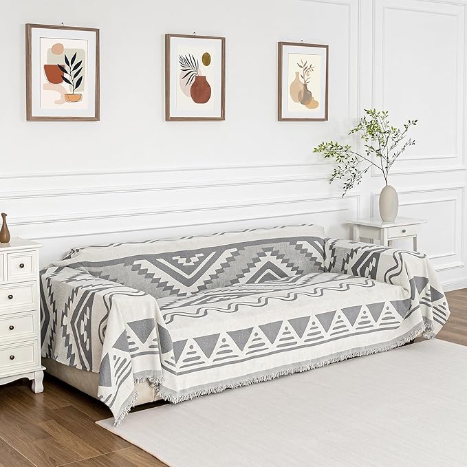 MYSKY HOME Boho Couch Cover for Dogs Washable Grey Rhombic Couch Sofa Protector for Loveseat Sofa with Pets Friendly Chenille Geometric Sofa Covers Soft Durable Farmhouse Sofa Slipcovers, 71" X102"