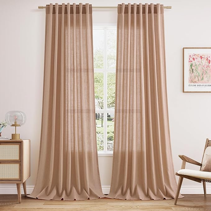 Extra Long Peach Linen Curtains 120 Inch for Girl Kids Bedroom 2 Panels Set Rod Pocket Back Tab Light Filtering Semi Sheer Soft Drapes Privacy High Ceiling Drapes Farmhouse Dinner Room 52x120
