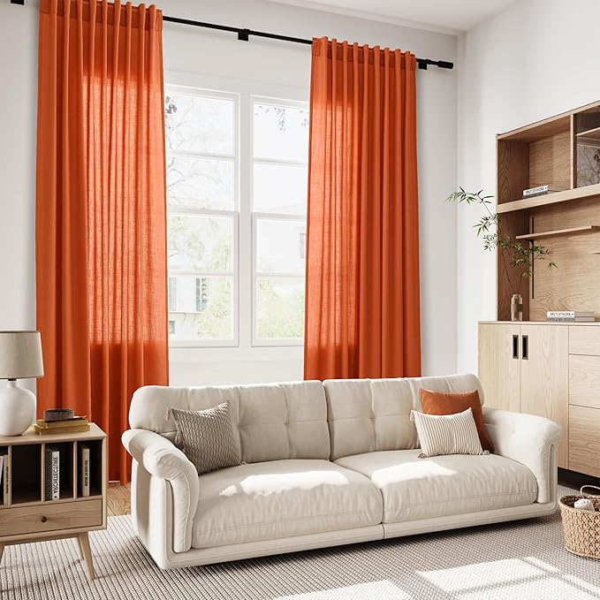 Nanspring Bright Orange Linen Blend Light Filtering Back Tab Curtains 102 Inches Long, Semi Sheer Privacy Drapes for Living Room & Bedroom, 52x102 inch, 2 Panels