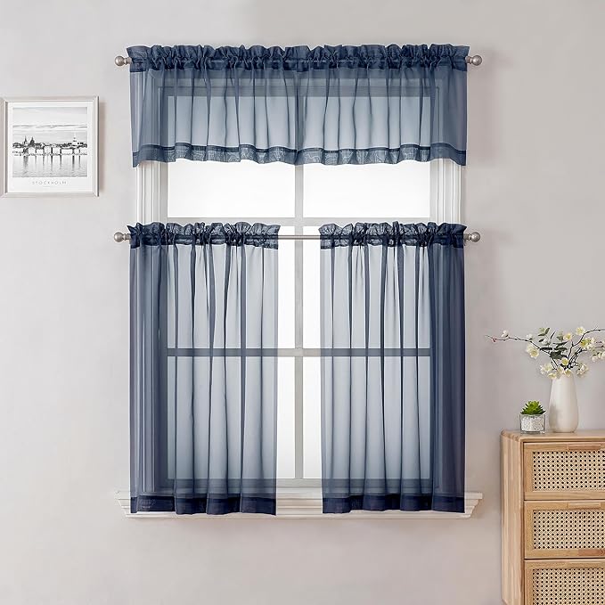 Lecloud Navy Blue Window Valance 14 Inches Long 2 PCS, Solid Voile Blue Curtains Dual Rod Pockets, Living Room Bedroom Bathroom Kitchen Curtain Half Tiers Window Treatment, 40" Wx14 L
