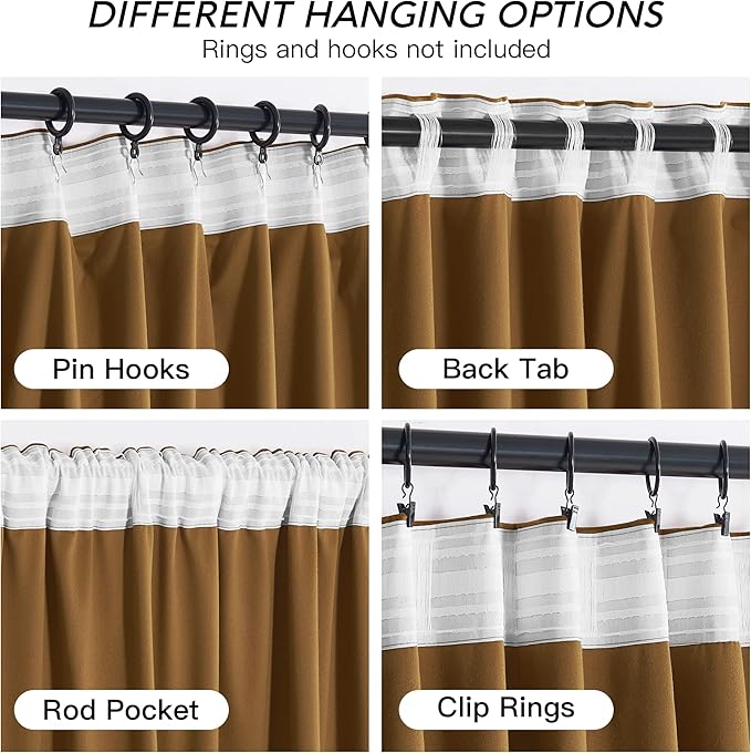 RYB HOME Brownish Gold Velvet Curtains 96 inch, Retro Vintage Room Darkening Window Curtains for Living Room Thermal Insulated Shades with Pleat Tape Pocket & Tabs for Bedroom, W52 x L96 inch, 2 Panel