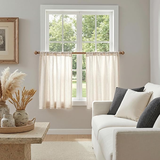 MYSKY HOME Semi Sheer Natural Linen Curtains 36 Inch Length 2 Panels, Light Filtering Cream Tiers Curtains Rod Pocket Neutral Window Drapes for Bathroom/Kitchen/Basement, Linen, 34 x 36 Inch