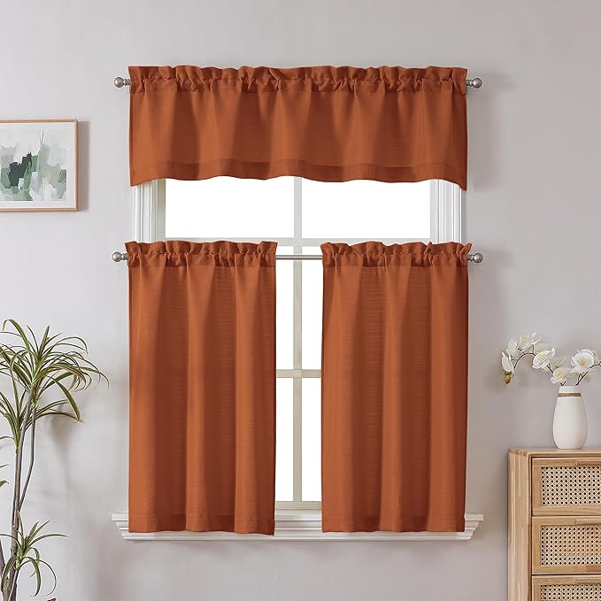Chyhomenyc Orange Valance for Windows, Light Filtering Faux Linen Textured Small Short Valance for Kitchen Bathroom Laundry Basement, Solid Rod Pocket Top Window Curtain, 60Wx14L inch, 1 Piece