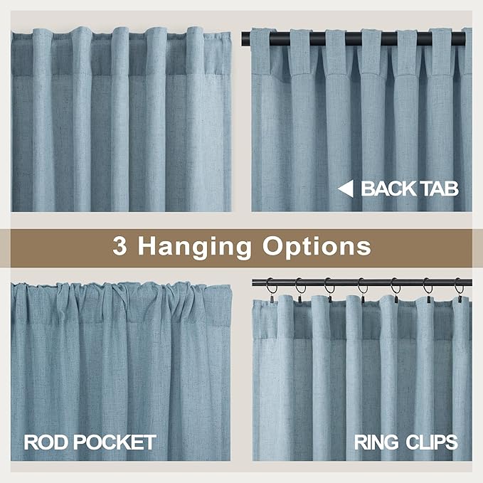 Blue Curtains 38 Inch Width for Kitchen Door 2 Panels Back Tab Rod Pocket Semi Sheer Linen Skinny Light Blue Small Curtain for Bedroom Laundry Bathroom Side Windows Country Farmhouse Wide 38x63 Length