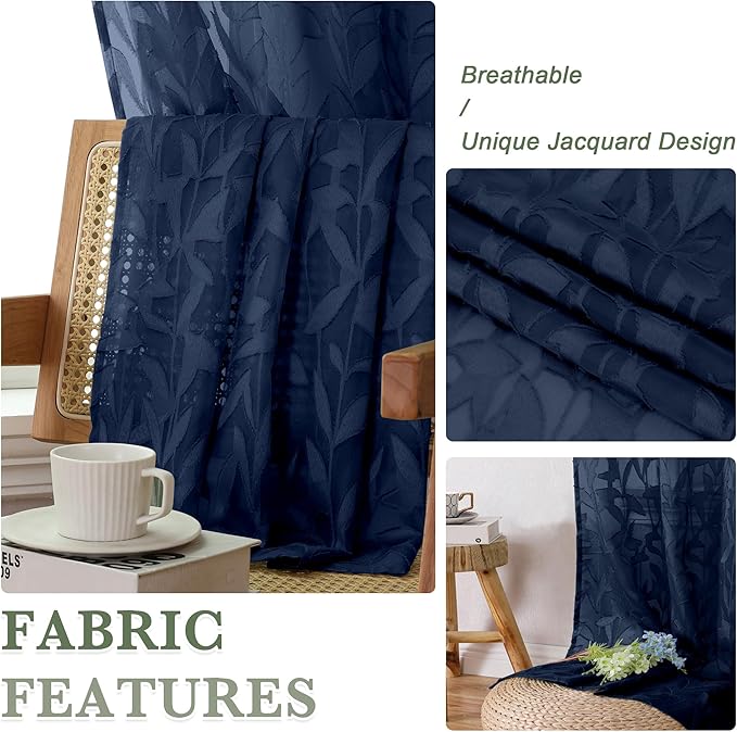 Lecloud Leia 2 PCS Navy Blue Kitchen Curtains 36 Inch Length, Lightweight Clip Textured Living Room Sheer Curtain Tiers with Dual Rod Pockets, Jacquard Leaf Voile Cafe/Bedroom Drapes, 38X36 Inches