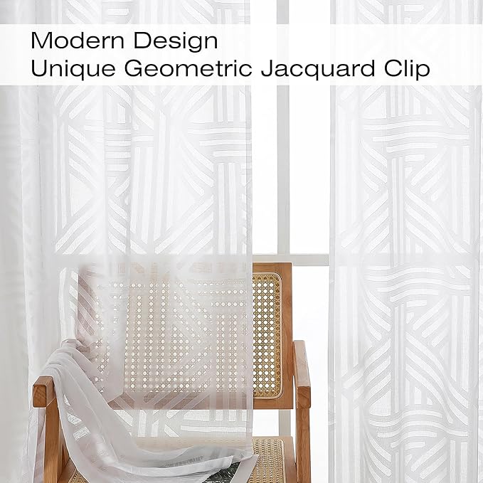 Simplebrand Semi Sheer White Curtains 45 Inch Length 2 Panels, Geometric Jacquard Clip Textured Short Sheer Curtains for Bedroom，Modern Elegant Window Curtains Panels/Drapes/Treatment Sheer，42x45 inch