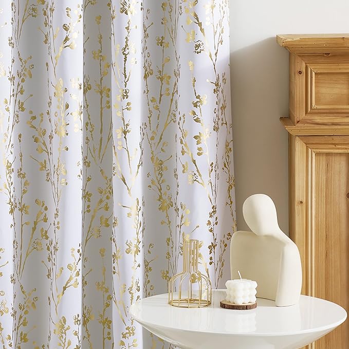 NICETOWN White Blackout Floral Kitchen Valances for Windows, Gold Foil Flower Shadow Printed Scalloped Drapes 18 Inch Length with Rod Pocket for Bathroom, W42×L18, 1 Panel