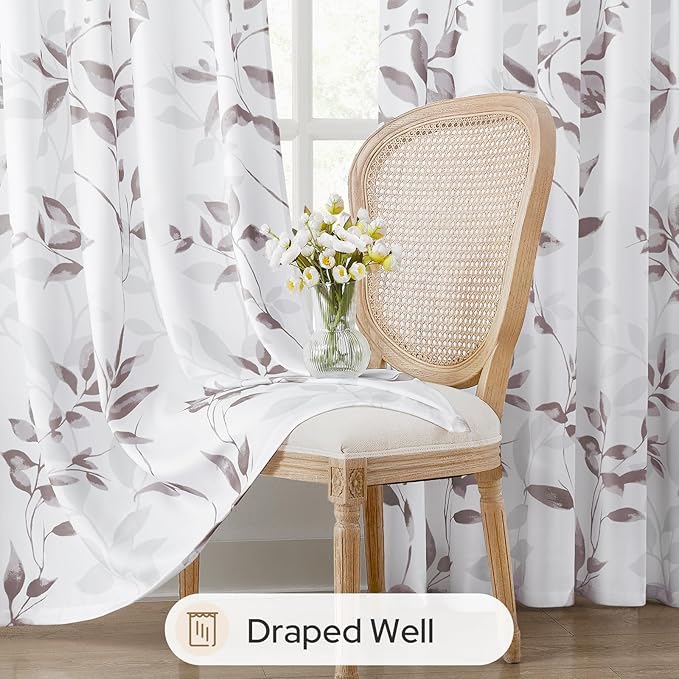 HOMEIDEAS Non-See-Through Dry Rose and White Privacy Sheer Curtains 52 X 84 Inch Length 2 Panels, Leaf Floral Printed Light Filtering Semi Sheer Window Curtains Drapes for Bedroom Living Room