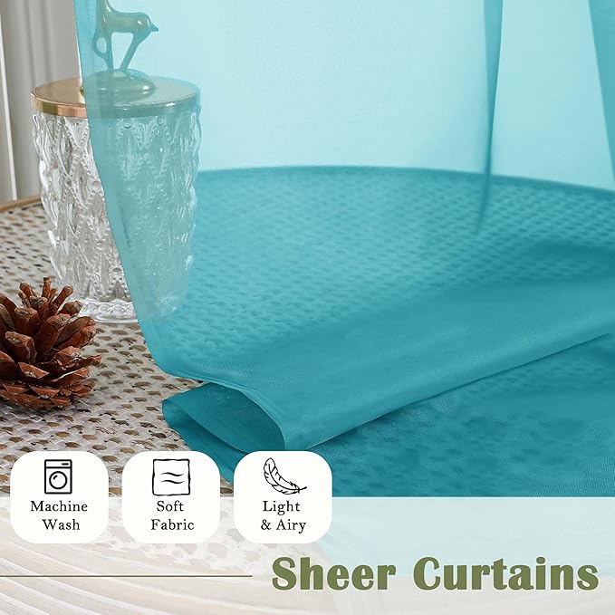 Lecloud Turquoise Sheer Curtains for Living Room Decor 84 Inches Long 2 Pcs, Light Filtering Airy Bedroom Curtains, Window Treatments Rod Pockets Drapes for Dining Room, Each Panel 59" W x 84" L