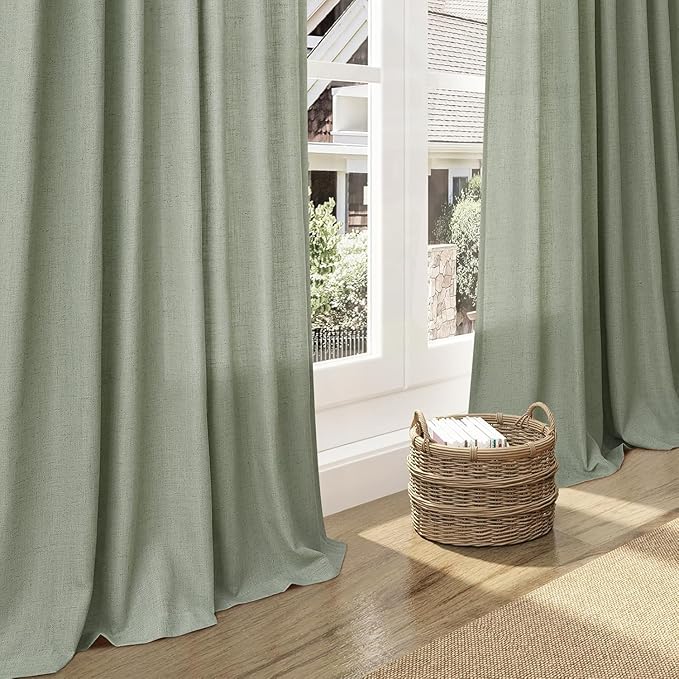 Desert Sage Linen 112 Inch Curtains for Living Room Light Filtering Semi Sheer Curtain Back Tab Rustic Farmhouse Decor Elegant Drapes Floor to Ceiling High Window for Bedroom 52x112, 2 Panels