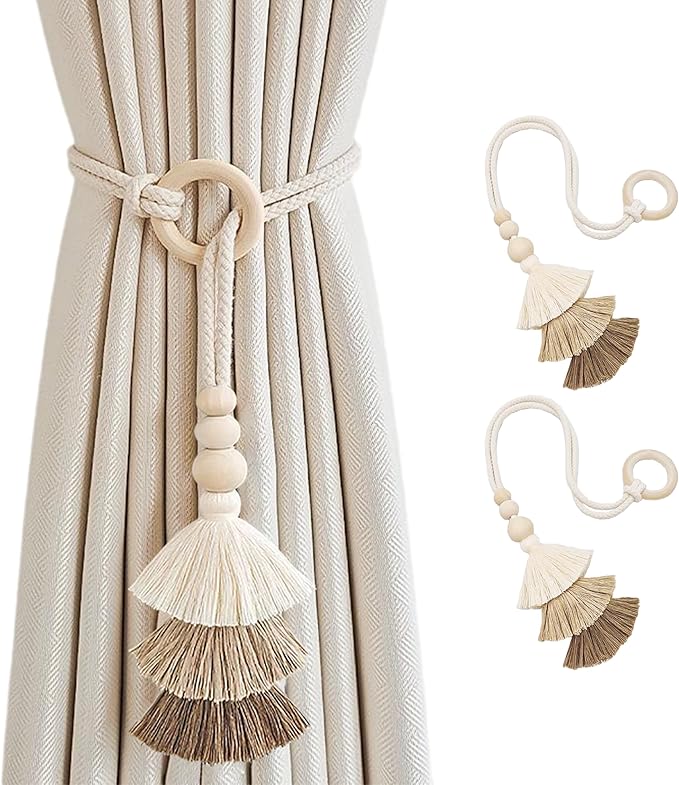 SRG Rope Curtain Tiebacks with Tassel Boho 2 PCS Handmade Wooden Ring Curtain Tie Backs Accessories Wall Decoration Drapery Curtain Holdbacks for Bedroom Window