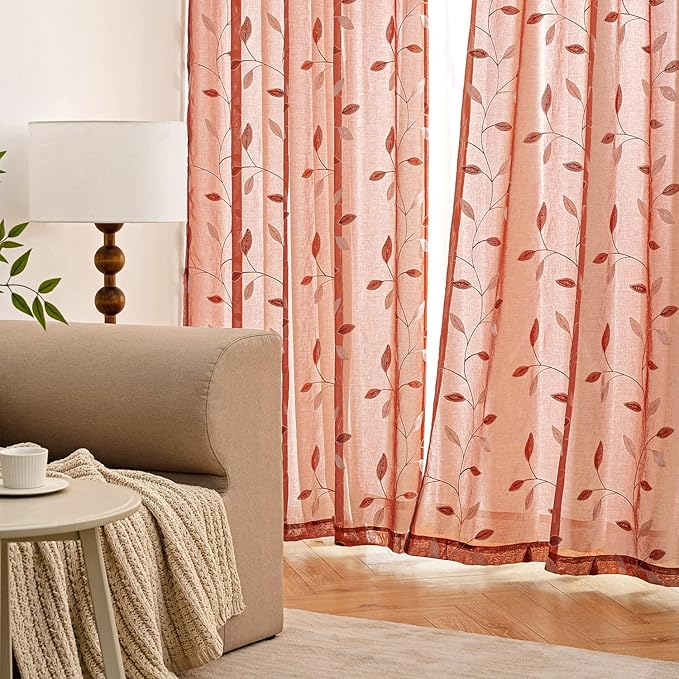 MIULEE Terracotta Sheer Curtains 2 Panels Embroidered Leaf Patterned burnt Orange Rod Pocket Floral Semi Faux Linen Short Fall Window Curtains Drapes Set for Kitchen Bathroom Cafe, 30x24 Inches Length