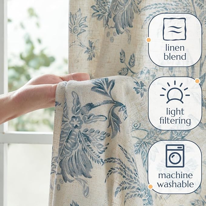 jinchan Linen Floral Curtains for Living Room with Printed Flower 84 Inches Long Light Filtering French Country Back Tab Rod Pocket Blue Window Curtain Set Farmhouse Drapes 2 Panels Blue
