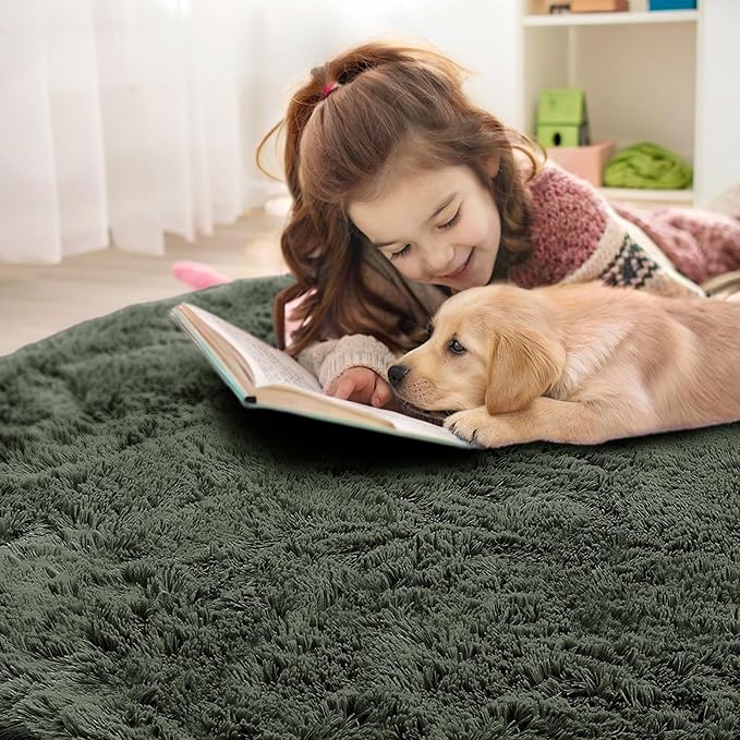 OLANLY Olive Green Round Rugs for Bedroom - Machine Washable, 4 ft Circle Area Rugs for Living Room, Soft and Fluffy Shaggy Carpet for Teen Girl and Boys, Nursery Rooms, Dorms, Home Decor Aesthetic
