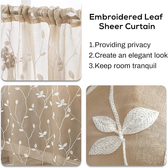 AmHoo 2 Panels Embroidered Leaf Pattern Semi Sheer Curtains Foliage Floral Voile Window Draperies Treatment for Bedroom Living Room Rod Pocket Taupe 53 x 95 Inch