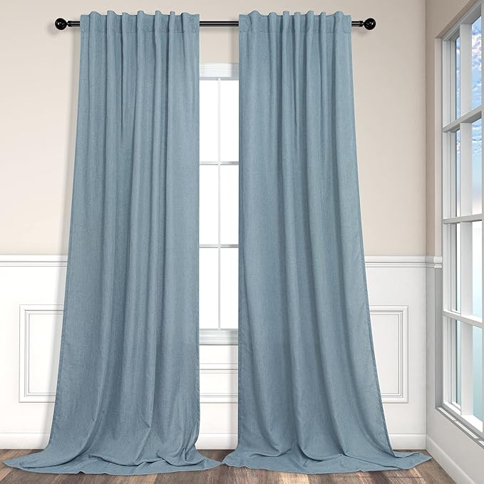 Pitalk Light Blue Wide Curtains for Windows Extra Width 60x90 Inch Long Back Tab Pole Pocket Semi Sheer Light Filter Linen Curtain Blinds for Bedroom Living Room 5 x 7.5 FT 5x7.5 Stone Blue Grey Gray