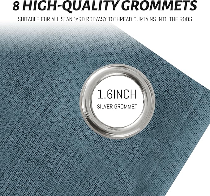 Yakamok Dusty Blue Linen Curtains 100% Blackout 96 Inches Long,Room Darkening Textured Drapes for Living Room Thermal Grommet Bedroom Curtains 2 Panels with White Liner