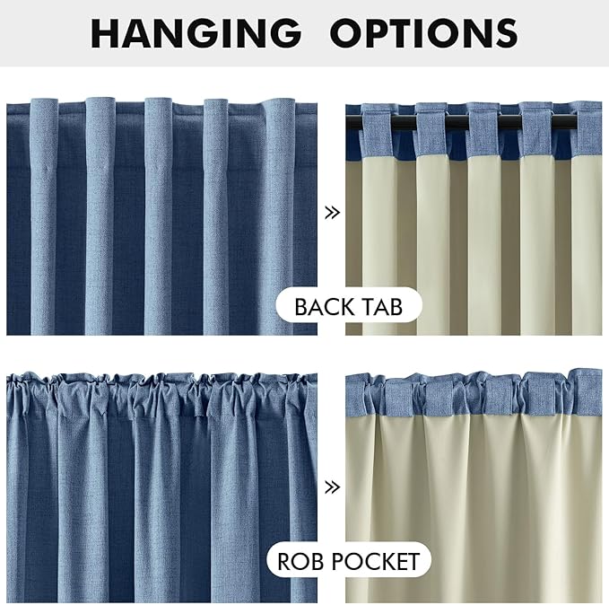 MIULEE 100% Blackout Linen Curtains for Bedroom, Blue Solid Luxury Decor Thermal Insulation Room Darkening Drapes for Living Room Nursery Back Tab Rod Pocket 42 x 90 Inches, 2 Panels