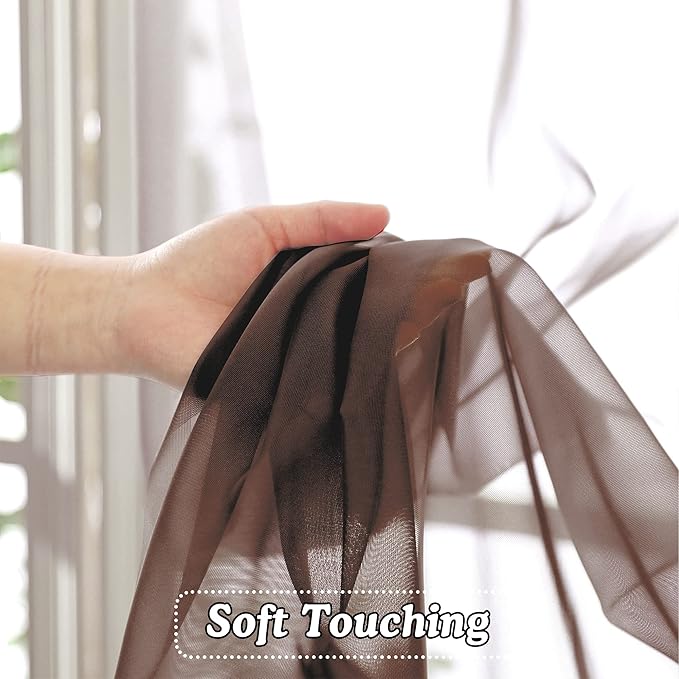 OVZME Brown Sheer Curtains 108 Inches Long, Light Filtering Semi Transparent Lightweight Voile Rod Pocket Window Curtains for Bedroom, Living Room, W42 x L108, Set of 2 Drape Panels