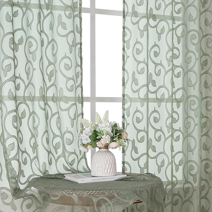 OWENIE Furman Sheer Sage Green Curtains 90 inches Long for Bedroom Living Room 2 Panels Set, Light Filtering Soft Semi Sheer Jacquard Clip Farmhouse Curtains Rod Pocket Design, Each 52Wx90L inch