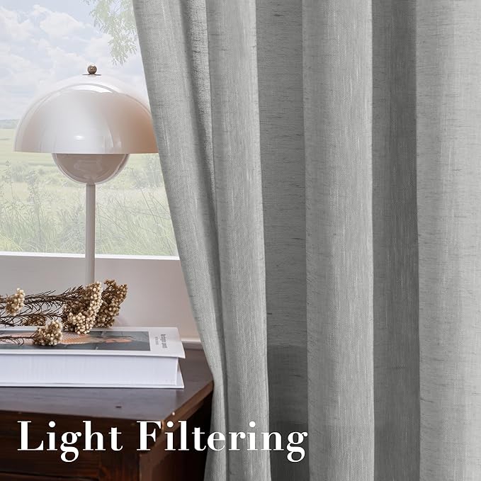 H.VERSAILTEX Linen Curtains Flax Linen Blended Curtain Panels for Living Room/Bedroom Semi Sheer Privacy Curtains 96 inch Length 2 Panels Set Nickel Grommet Window Drapes, Grey